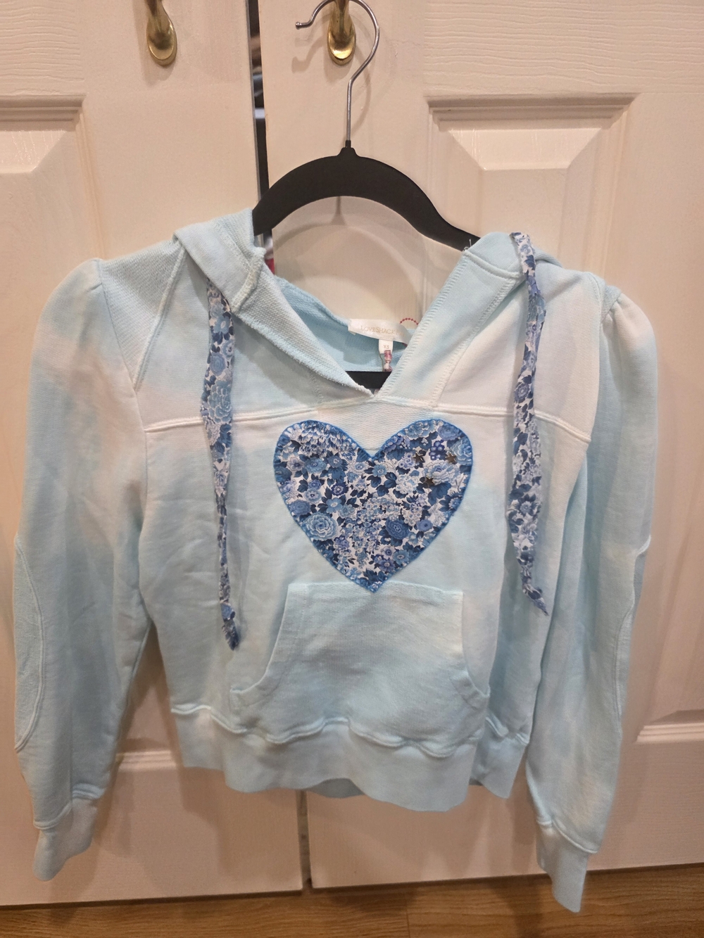 LoveShackFancy Light Blue Girls Hoodie with Floral Heart